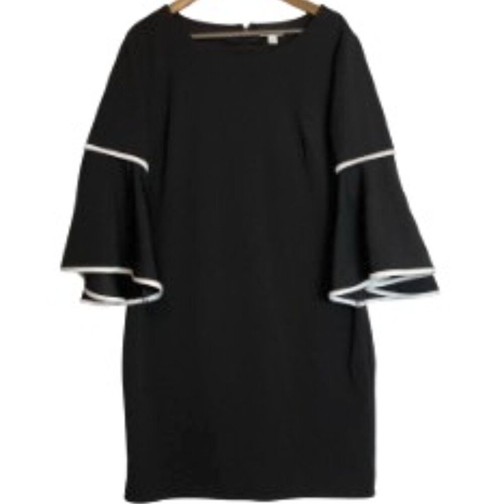 C EST. 1946 BLACK SHEATH DRESS 3/4 BELL SLEEVES WITH DOUBLE WHITE TRIM SIZE 16